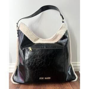 STEVE MADDEN Black Vegan Leather Shearling Extra Large Hobo Purse Bag Tote
